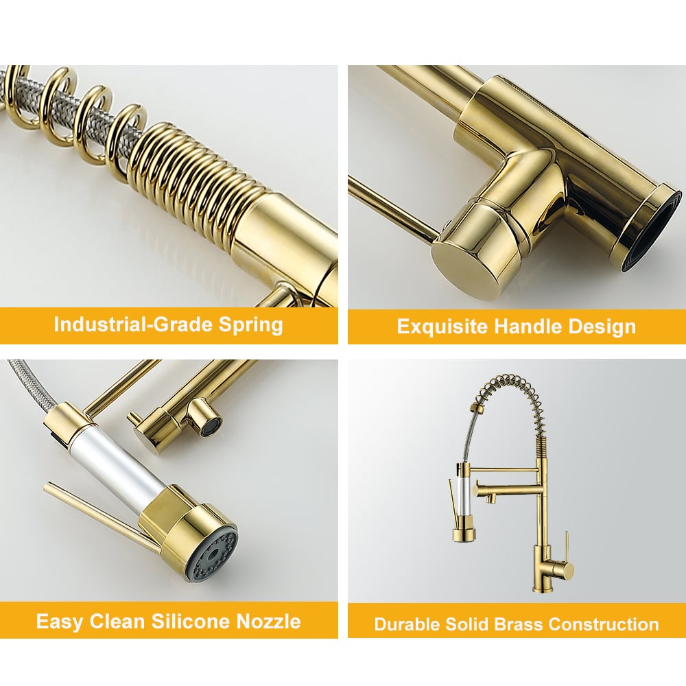 HMR - Brewst Single Hole Double Spout Pull Out Sprayer Kitchen Faucet in Solid Brass