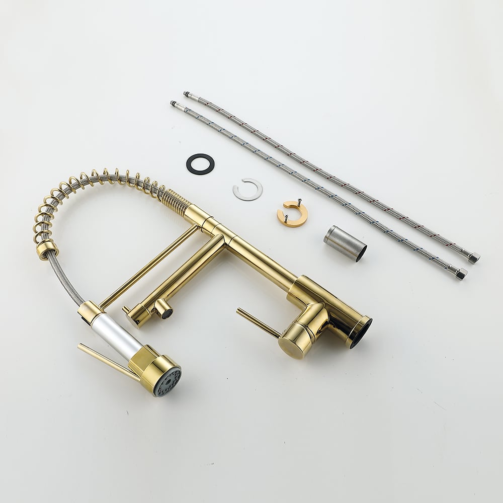 HMR - Brewst Single Hole Double Spout Pull Out Sprayer Kitchen Faucet in Solid Brass