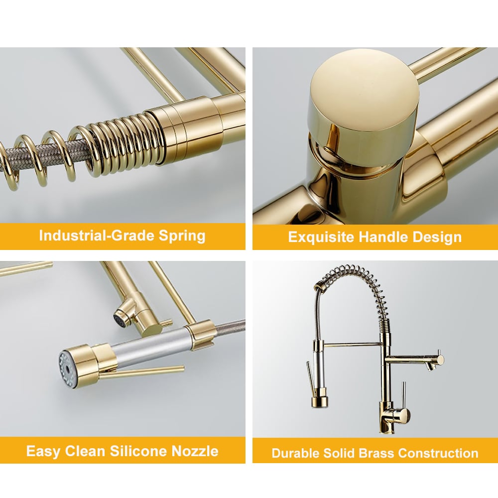 HMR - Brewst Single Hole Double Spout Pull Out Sprayer Kitchen Faucet in Solid Brass