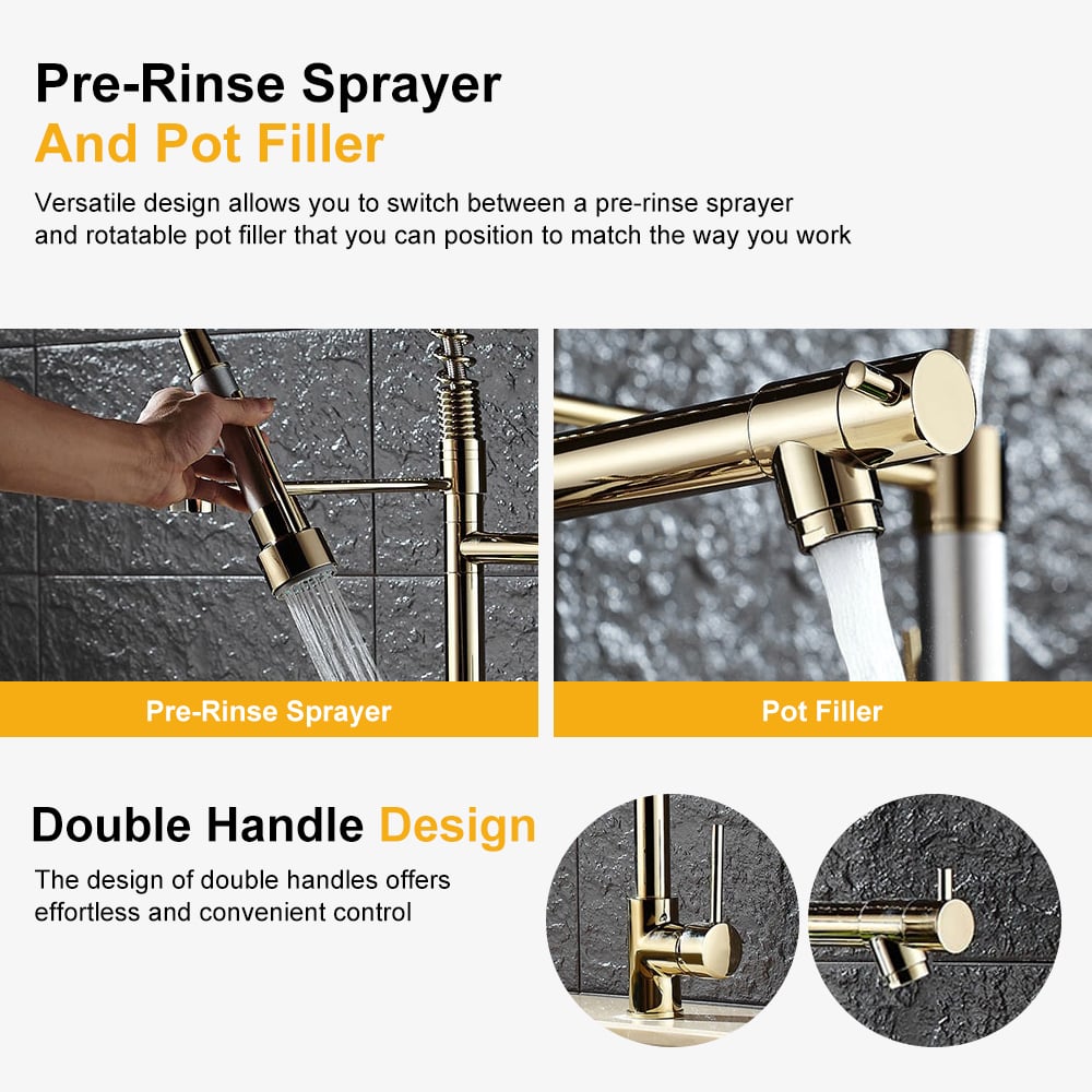 HMR - Brewst Single Hole Double Spout Pull Out Sprayer Kitchen Faucet in Solid Brass
