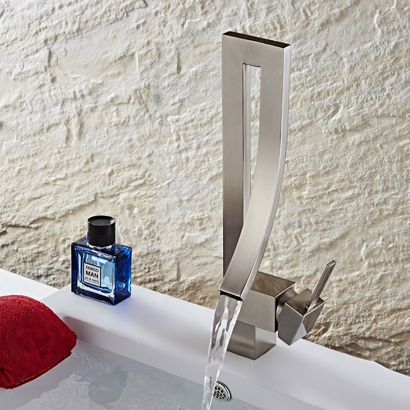 HMR Modern Single Handle 1-Hole Bathroom Sink Faucet with Waterfall Spout Brass - Brushed Nickel