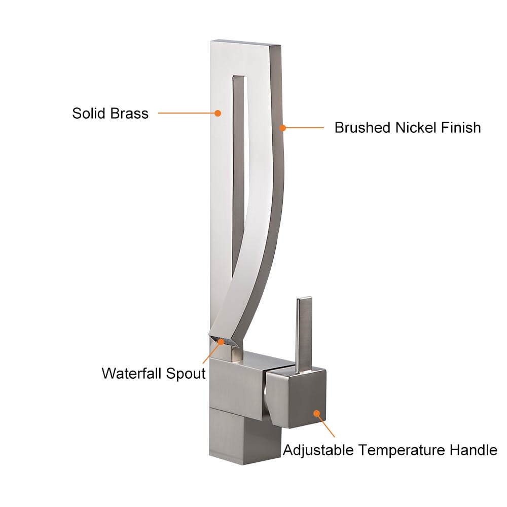 HMR Modern Single Handle 1-Hole Bathroom Sink Faucet with Waterfall Spout Brass - Brushed Nickel