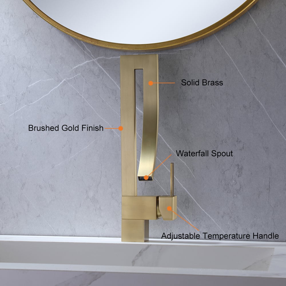 HMR Modern Single Handle 1-Hole Bathroom Sink Faucet with Waterfall Spout Brass - Brushed Gold