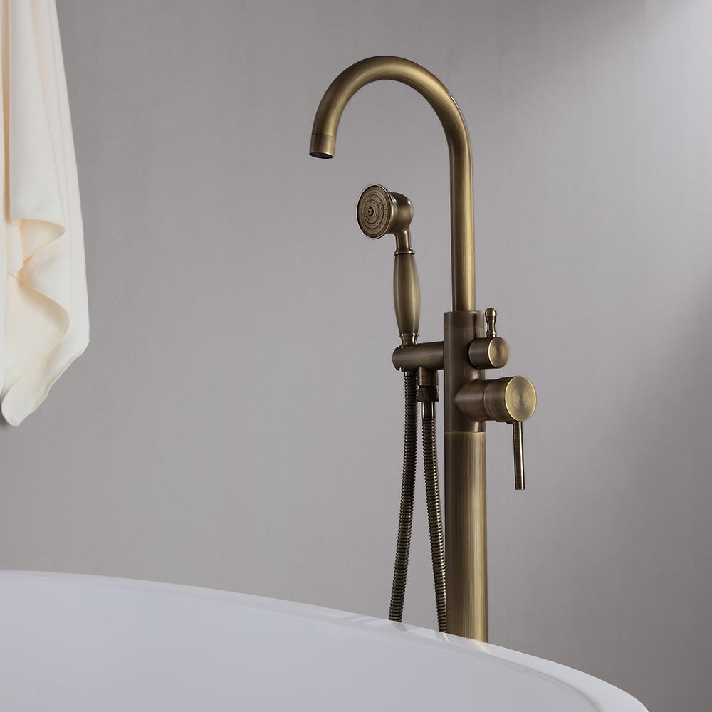 HMR - Swirling Spout Freestanding Tub Faucet with Handshower in Brass