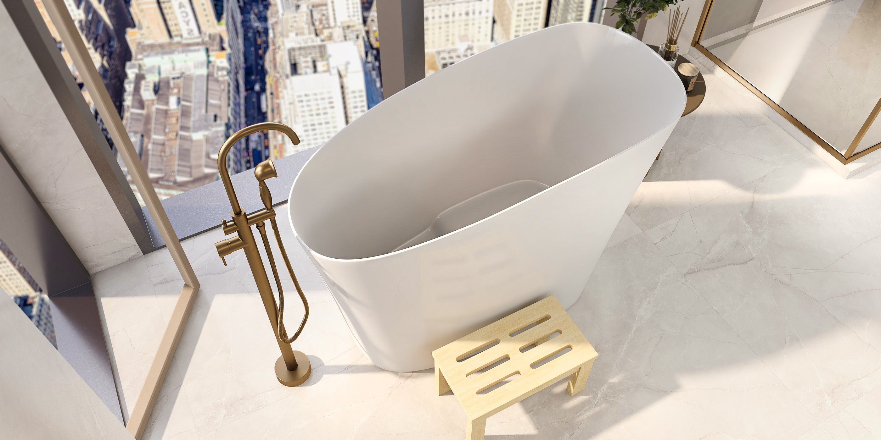 HMR - Swirling Spout Freestanding Tub Faucet with Handshower in Brass
