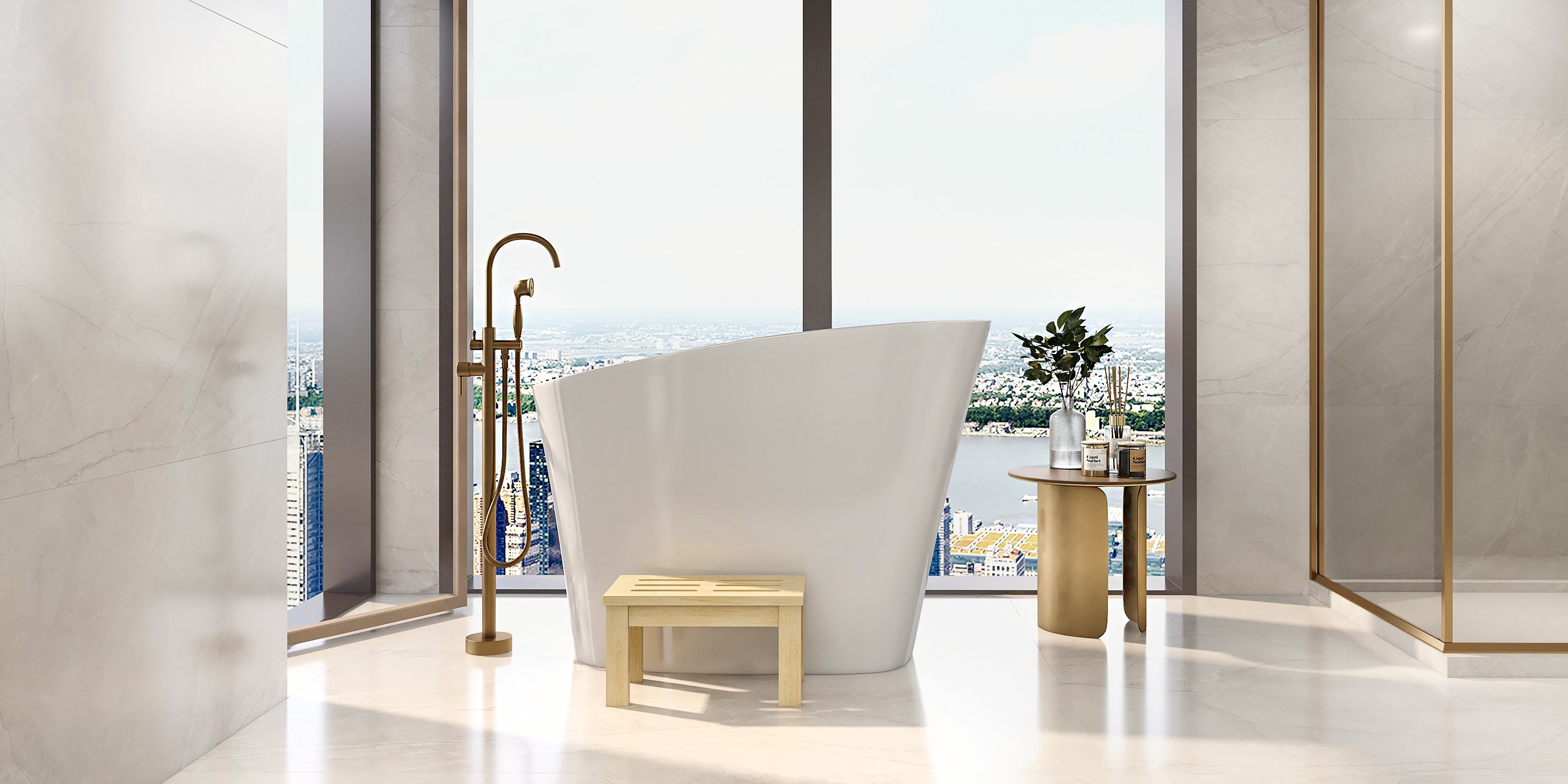 HMR - Swirling Spout Freestanding Tub Faucet with Handshower in Brass