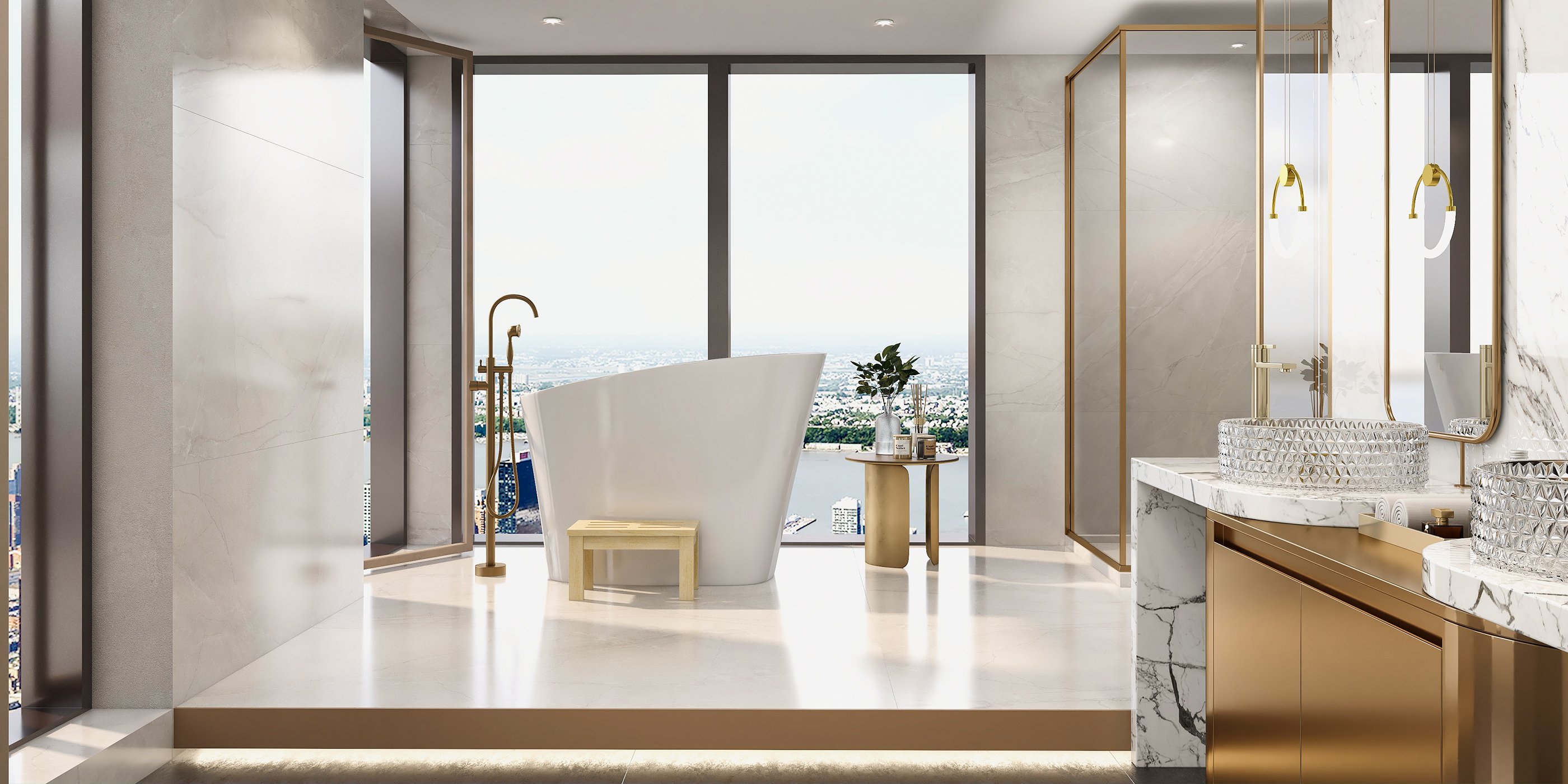 HMR - Swirling Spout Freestanding Tub Faucet with Handshower in Brass