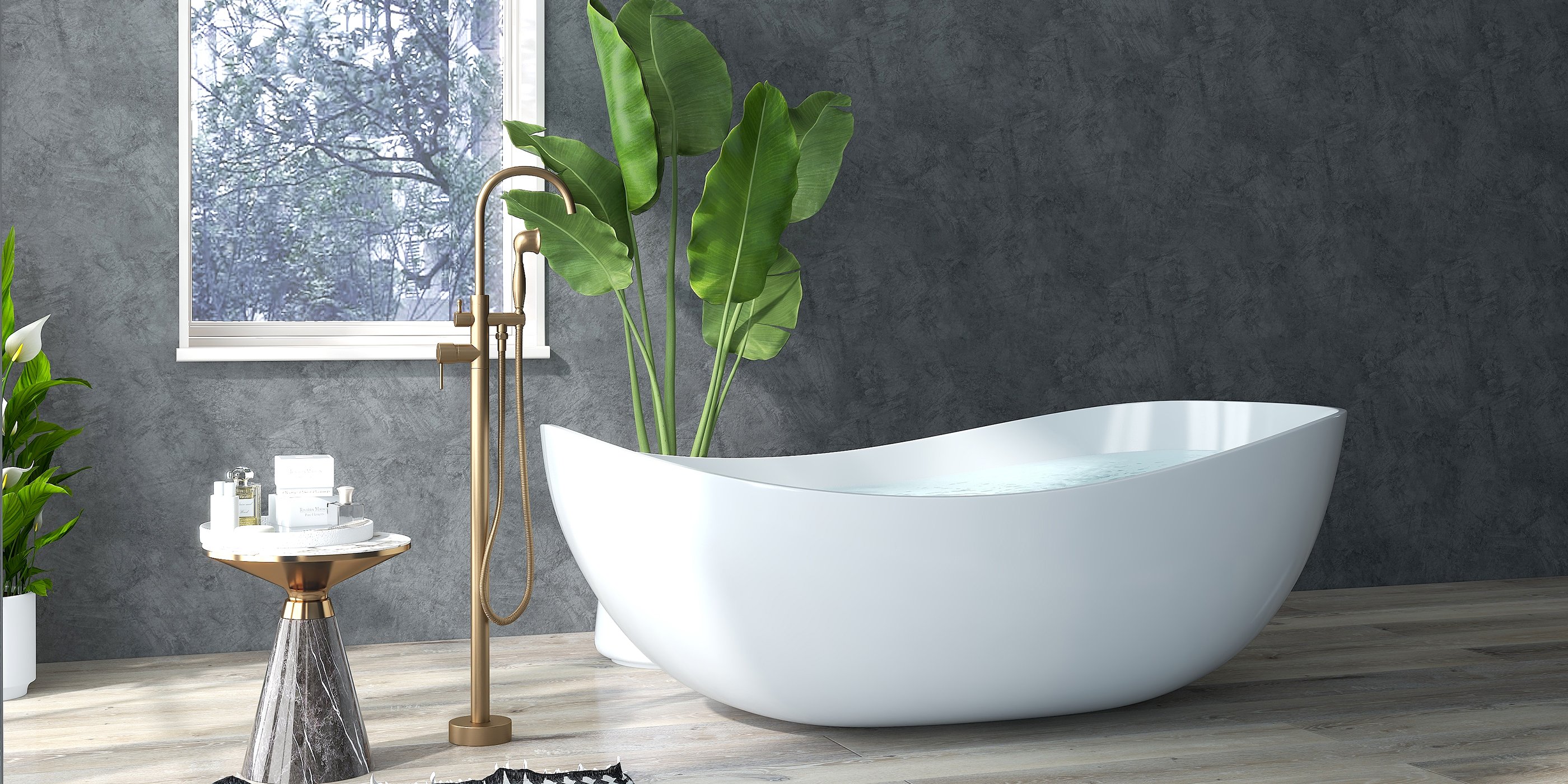 HMR - Swirling Spout Freestanding Tub Faucet with Handshower in Brass