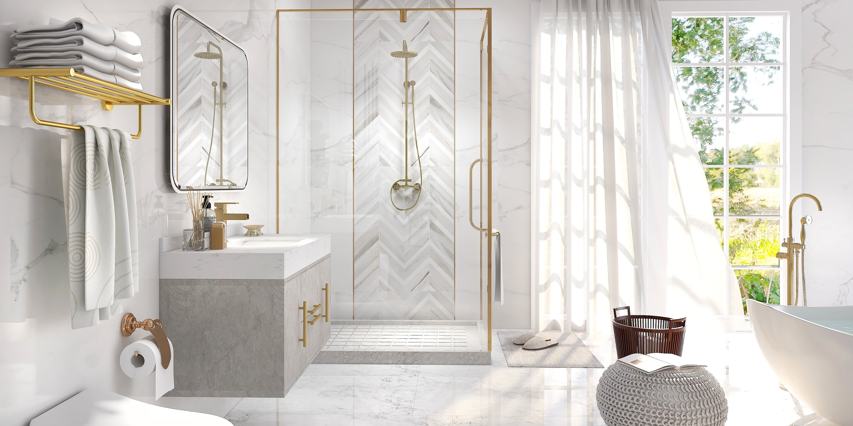 HMR - Swirling Spout Freestanding Tub Faucet with Handshower in Brass