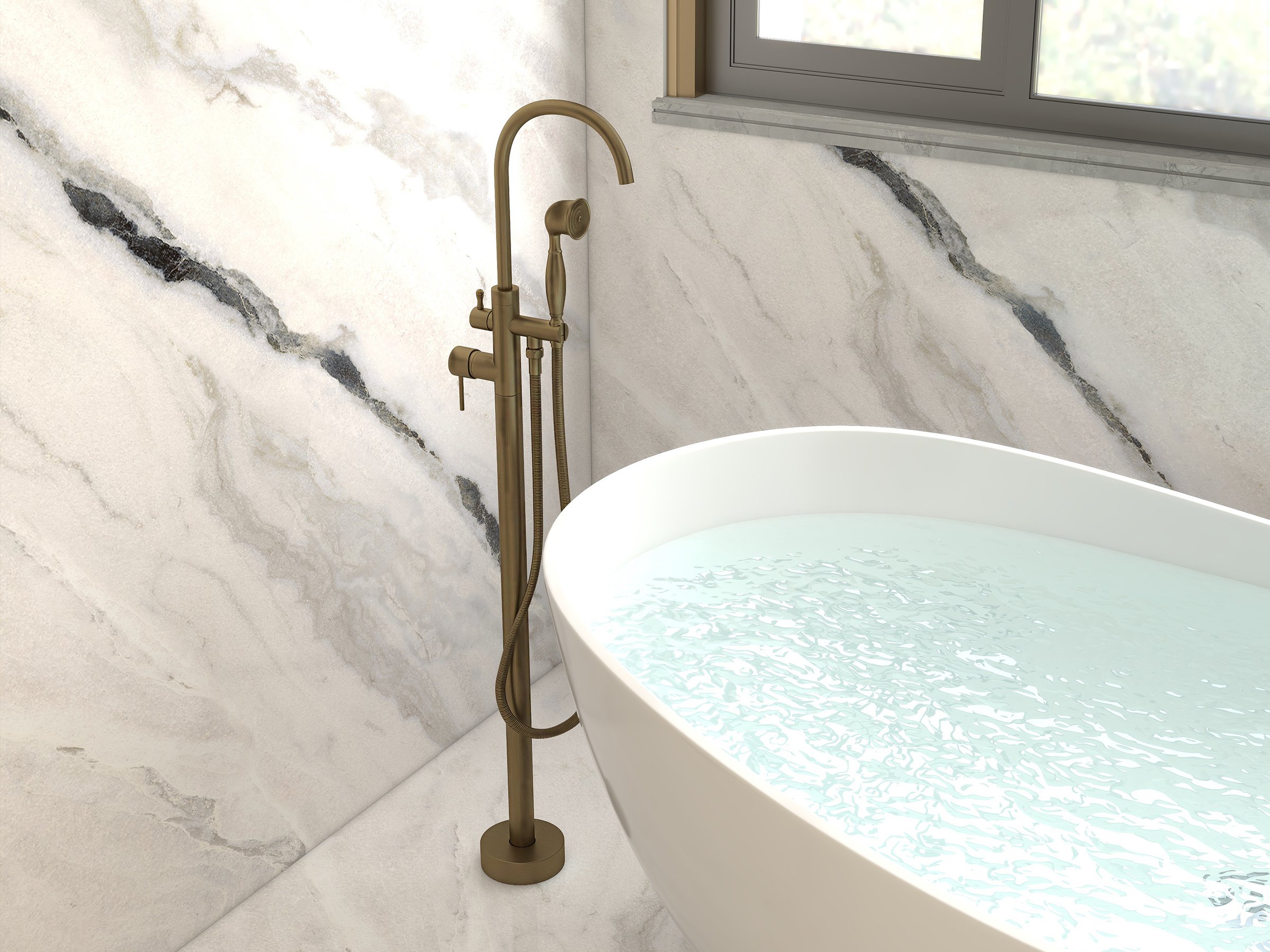 HMR - Swirling Spout Freestanding Tub Faucet with Handshower in Brass
