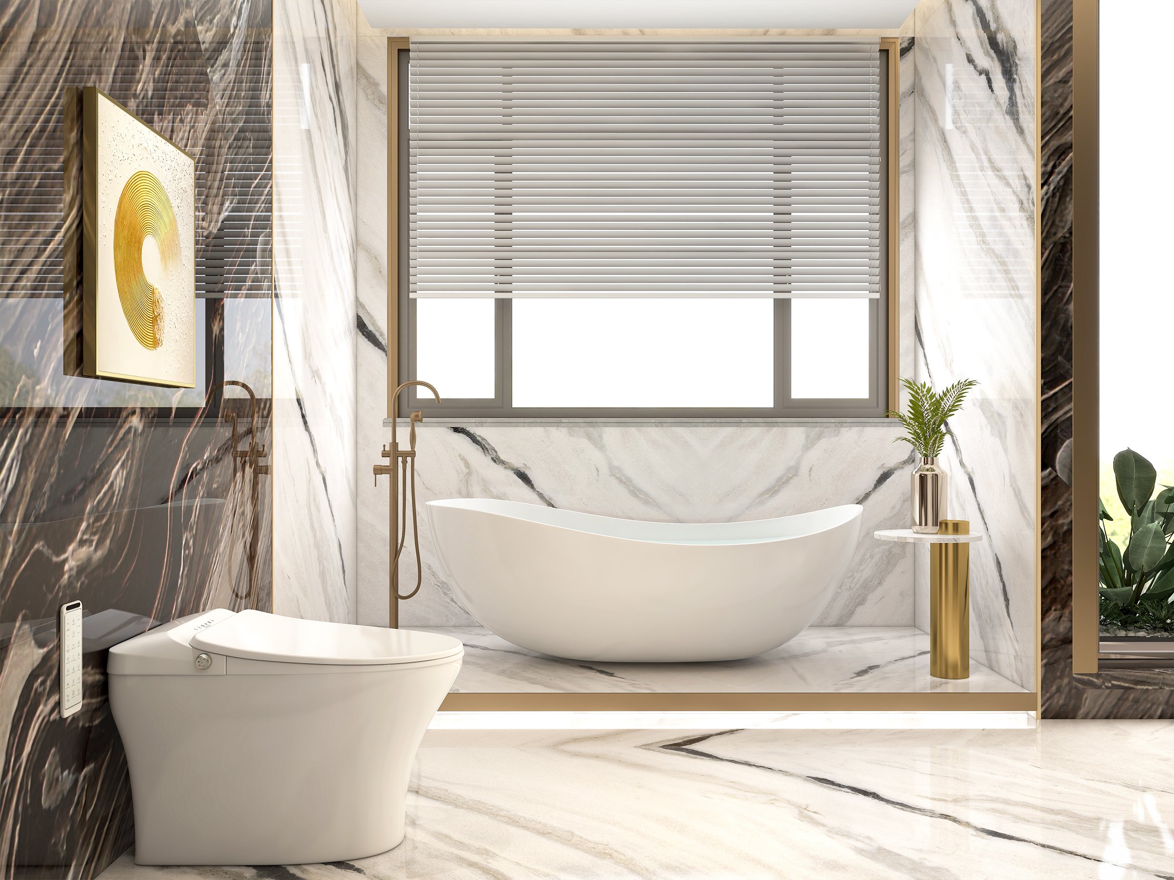 HMR - Swirling Spout Freestanding Tub Faucet with Handshower in Brass