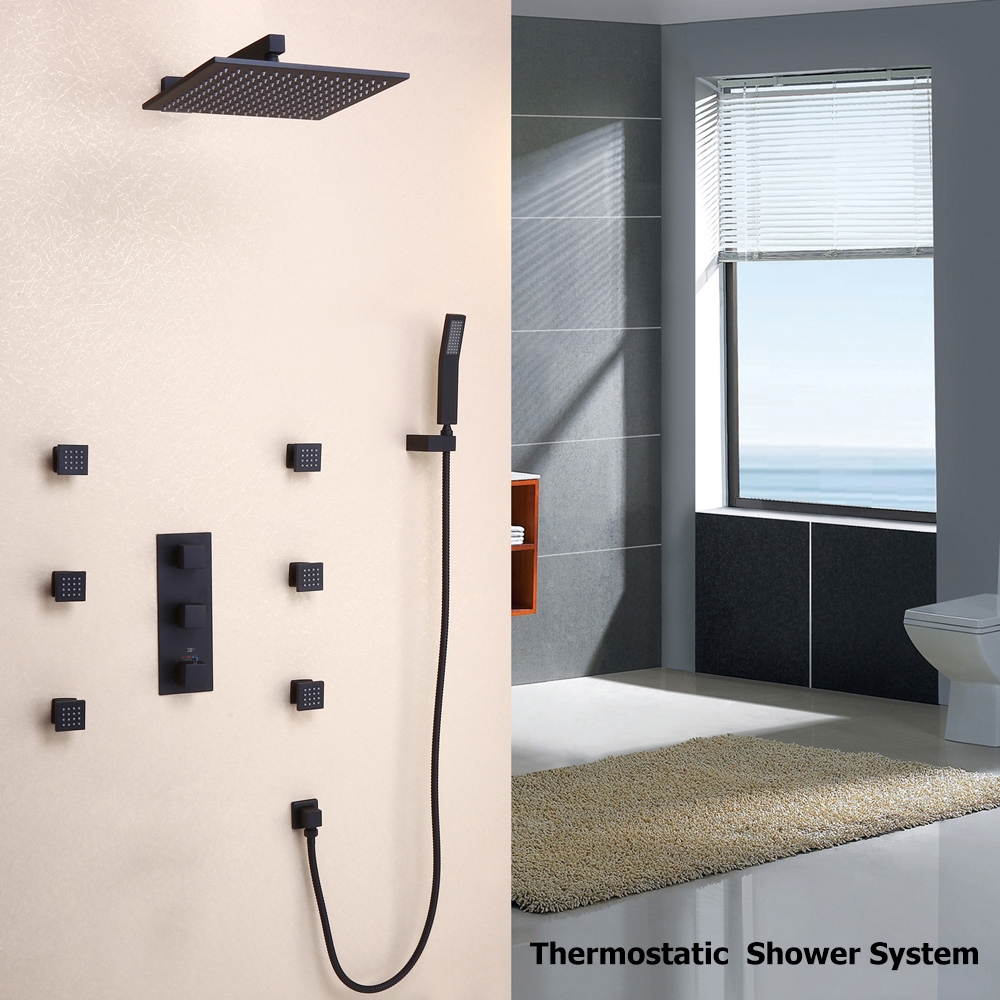 HMR Modern Thermostatic Showerhead & Handheld Shower with Six Body Spray Jets - Black