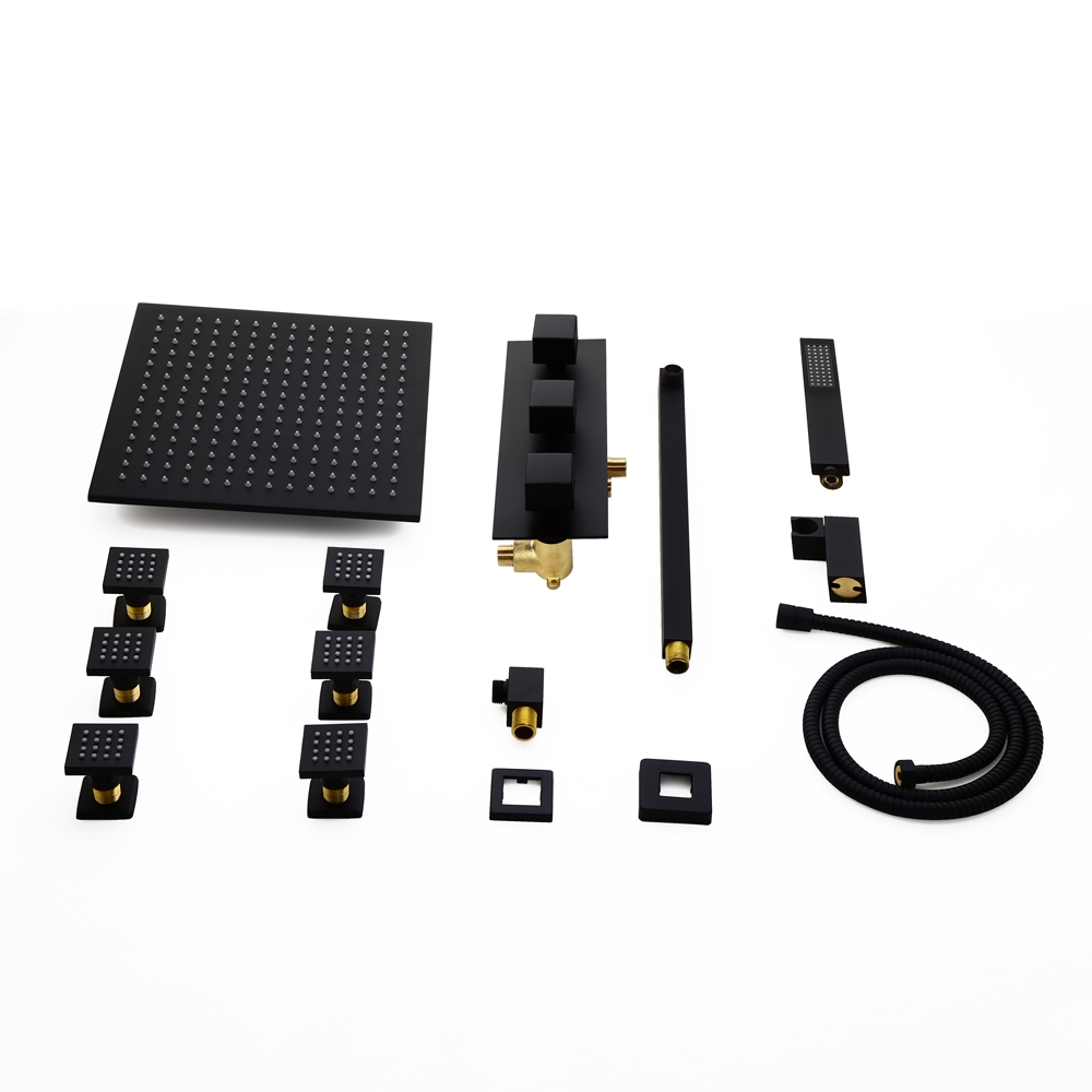 HMR Modern Thermostatic Showerhead & Handheld Shower with Six Body Spray Jets - Black