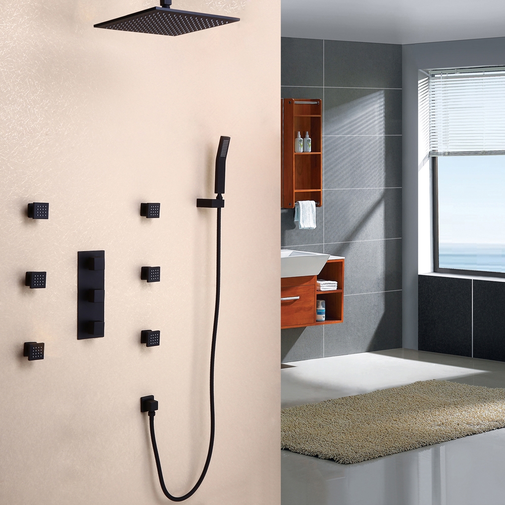 HMR - Ceiling Mount Shower System 12" with 6 Body Sprays and Hand Shower in Standard Shower Valve