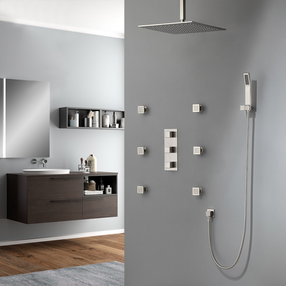 HMR - Square Ceiling-Mount Shower Head with 6 Body Sprays and Wall Mounted Handshower System in without LED