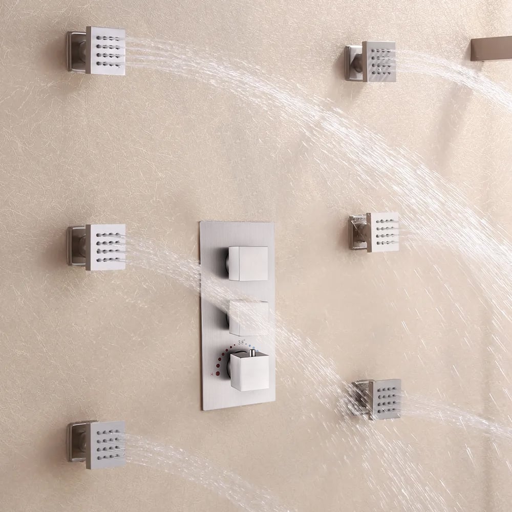 HMR - 16" Square Wall Mount Rain Shower System with Handshower and 6 Body Sprays in Brushed Nickel
