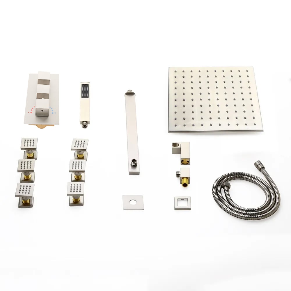 HMR - 16" Square Wall Mount Rain Shower System with Handshower and 6 Body Sprays in Brushed Nickel