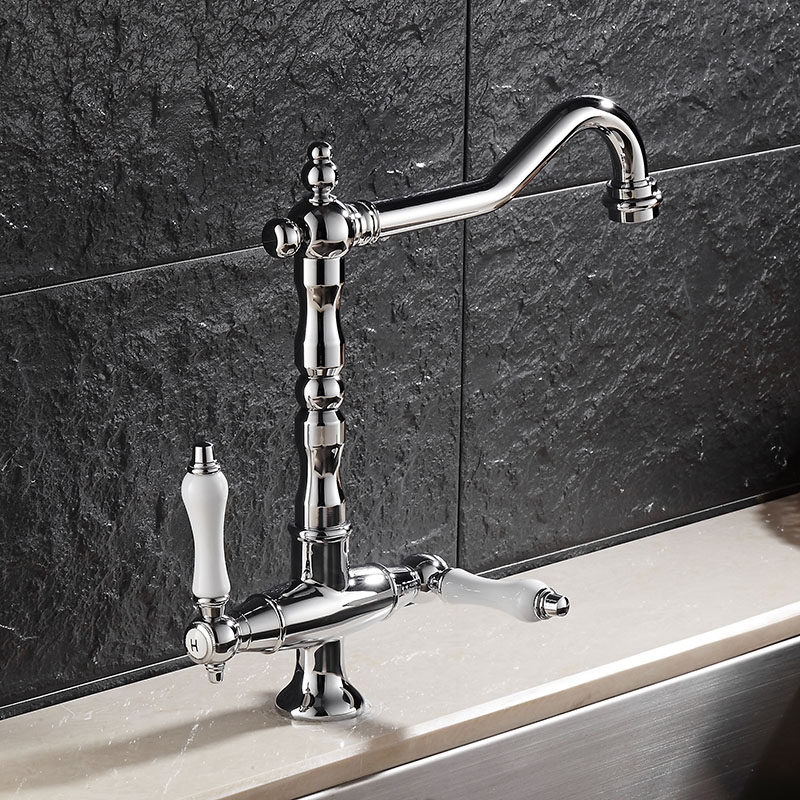 HMR - Porcelain Double Handles Single Hole Brass Kitchen Faucet in Chrome