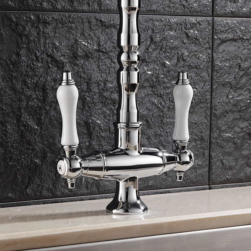 HMR - Porcelain Double Handles Single Hole Brass Kitchen Faucet in Chrome