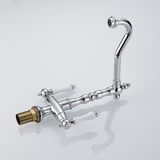HMR - Porcelain Double Handles Single Hole Brass Kitchen Faucet in Chrome