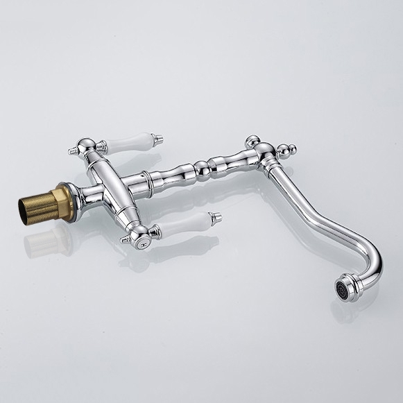HMR - Porcelain Double Handles Single Hole Brass Kitchen Faucet in Chrome