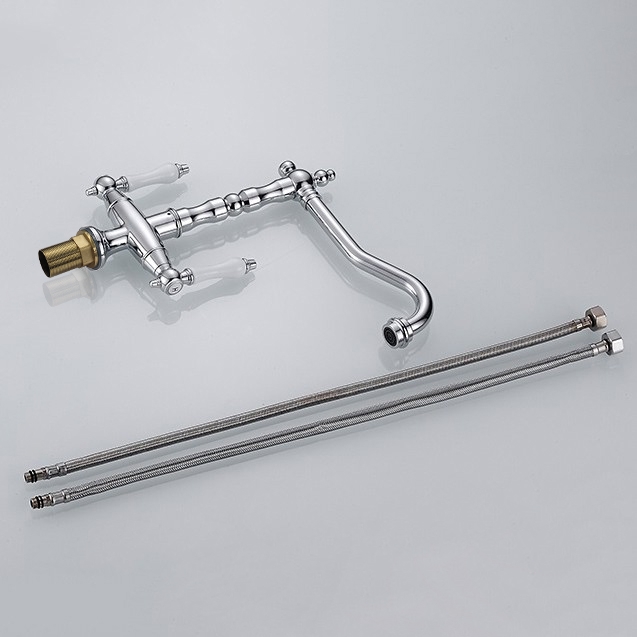 HMR - Porcelain Double Handles Single Hole Brass Kitchen Faucet in Chrome