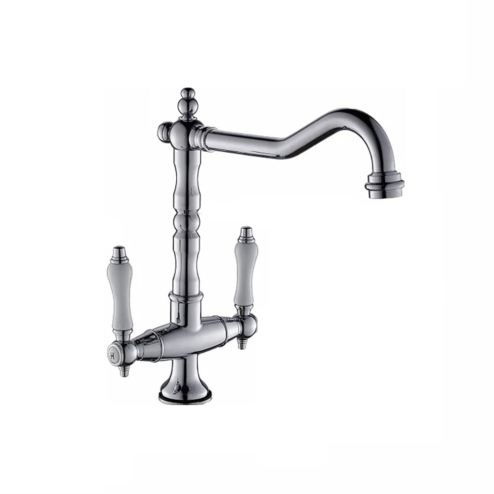 HMR - Porcelain Double Handles Single Hole Brass Kitchen Faucet in Chrome
