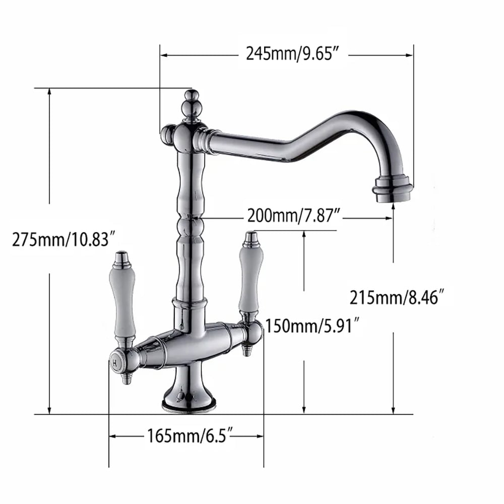 HMR - Porcelain Double Handles Single Hole Brass Kitchen Faucet in Chrome