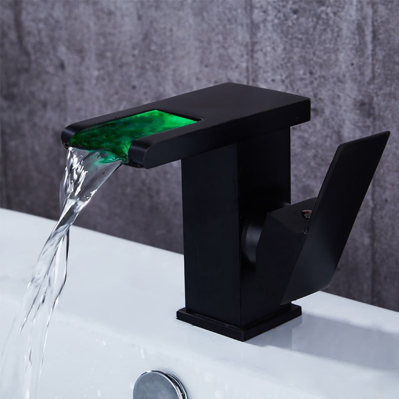 HMR - Waterfall Single Handle Brass Bathroom Sink Faucet with LED in Antique Black