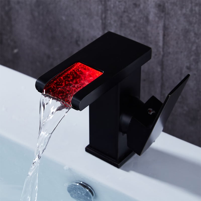 HMR - Waterfall Single Handle Brass Bathroom Sink Faucet with LED in Antique Black