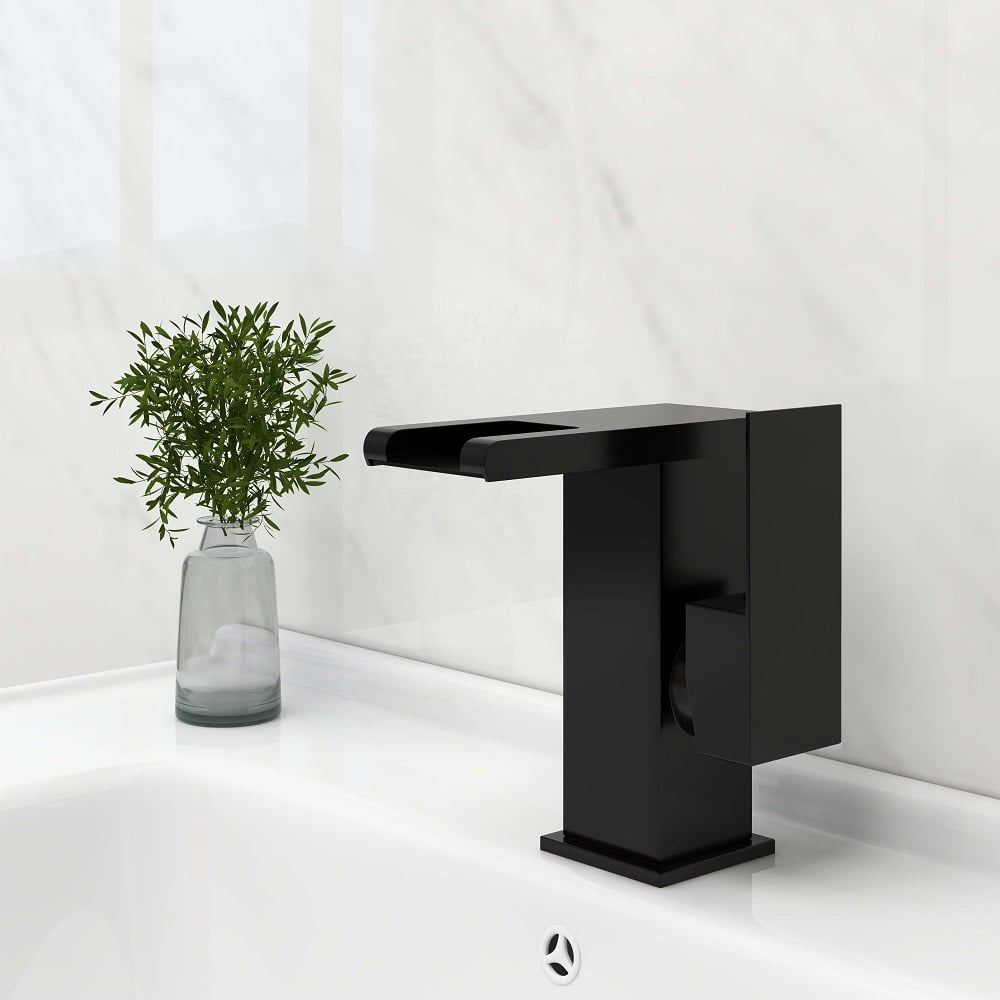 HMR - Waterfall Single Handle Brass Bathroom Sink Faucet with LED in Antique Black