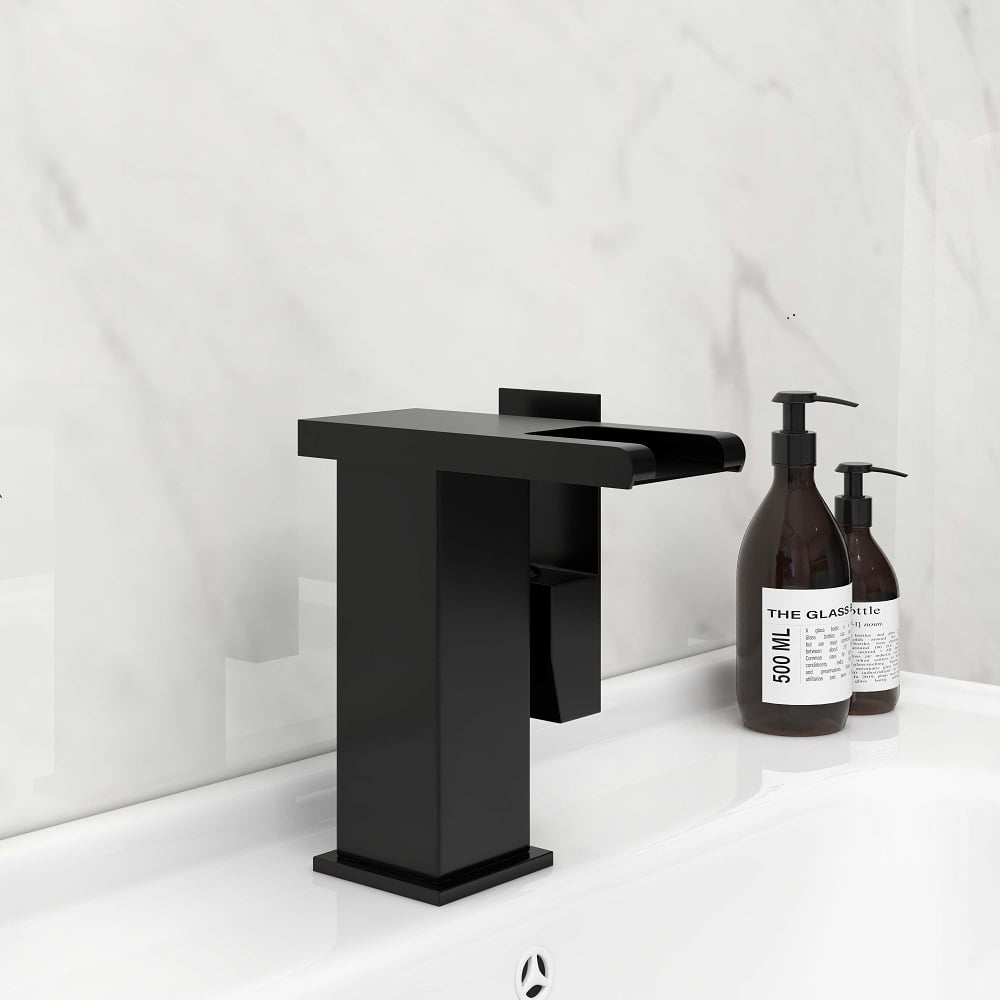HMR - Waterfall Single Handle Brass Bathroom Sink Faucet with LED in Antique Black