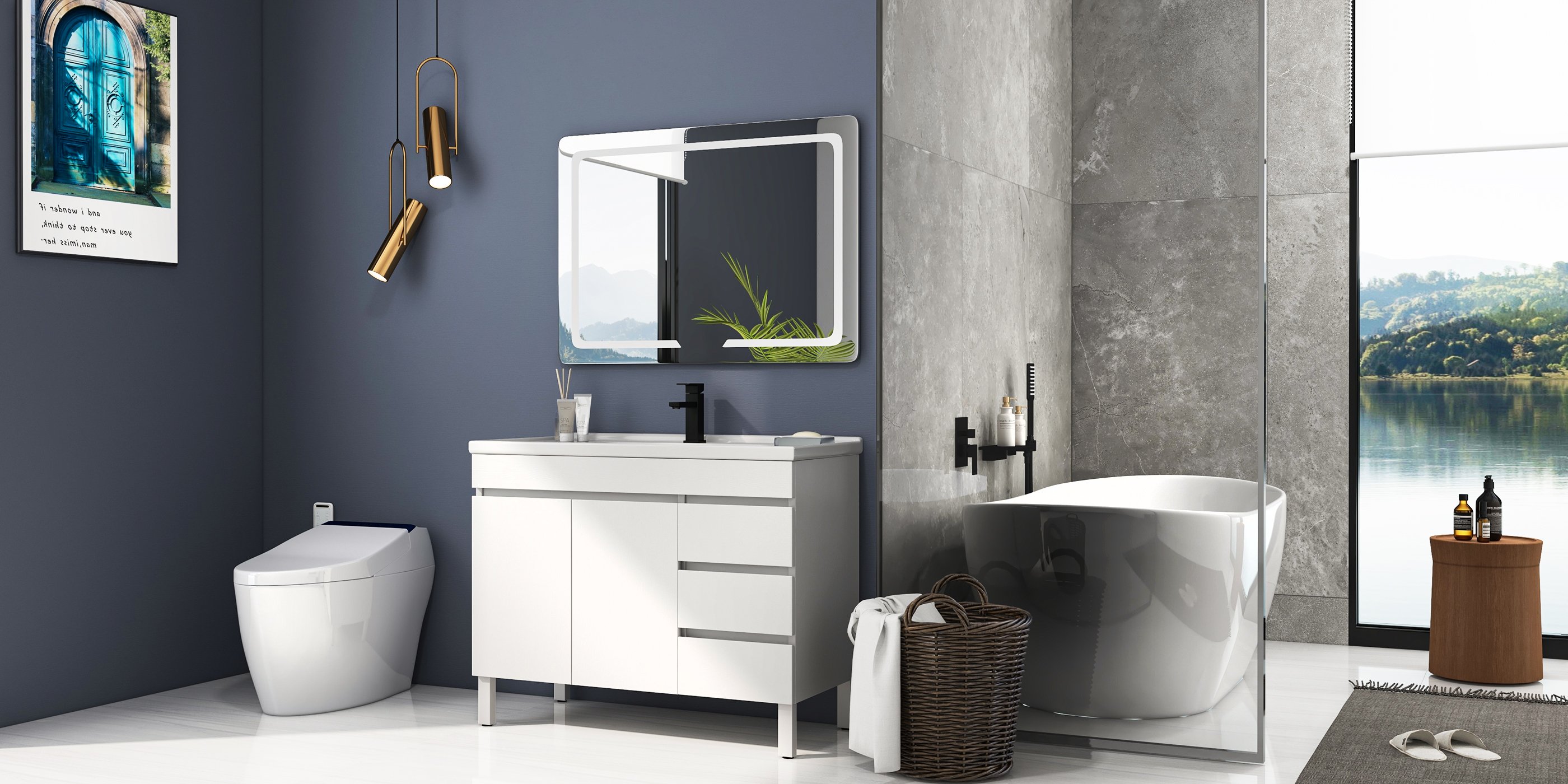 HMR - Freestanding Stone Resin Soaking Bathtub in Matte White