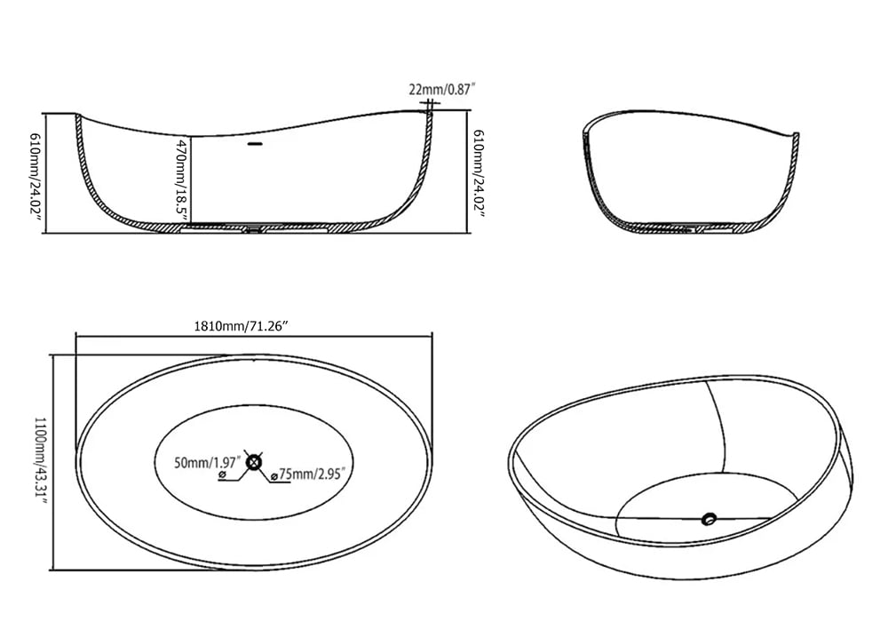 HMR - Freestanding Stone Resin Soaking Bathtub in Matte White