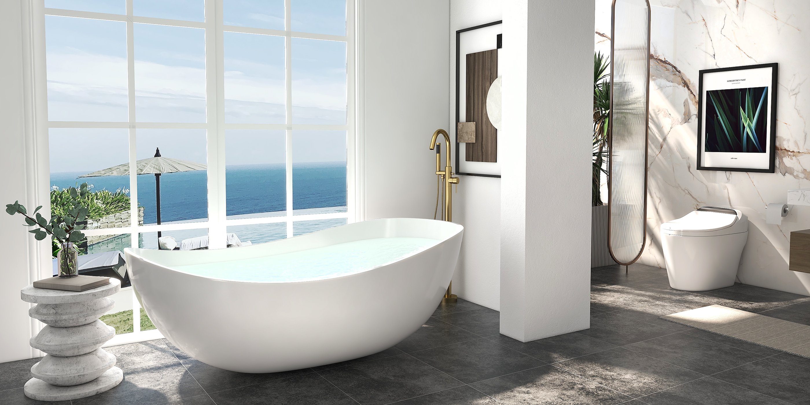 HMR 70" Modern Oval Freestanding Stone Resin Soaking Bathtub - Glossy White