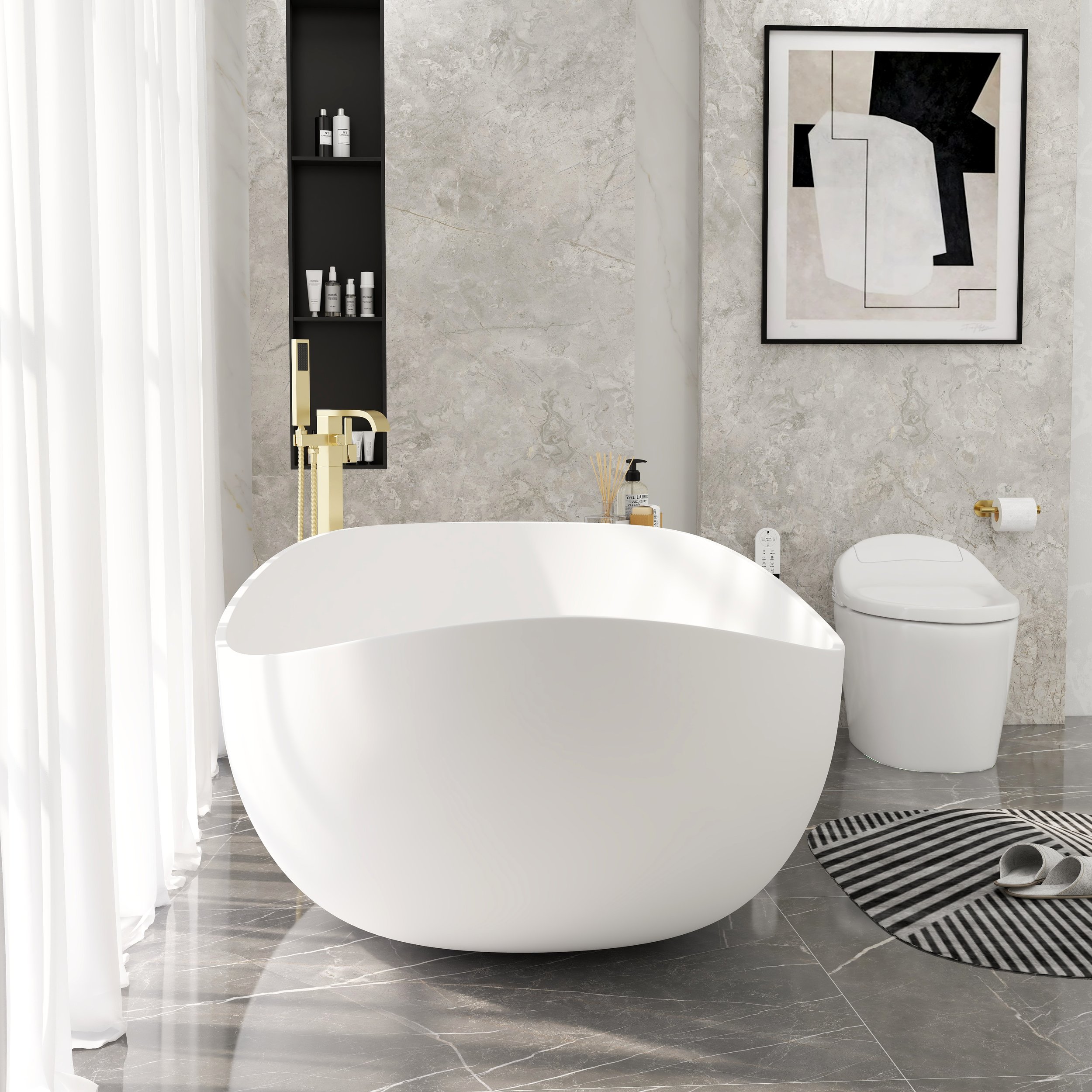 HMR 70" Modern Oval Freestanding Stone Resin Soaking Bathtub - Matte White