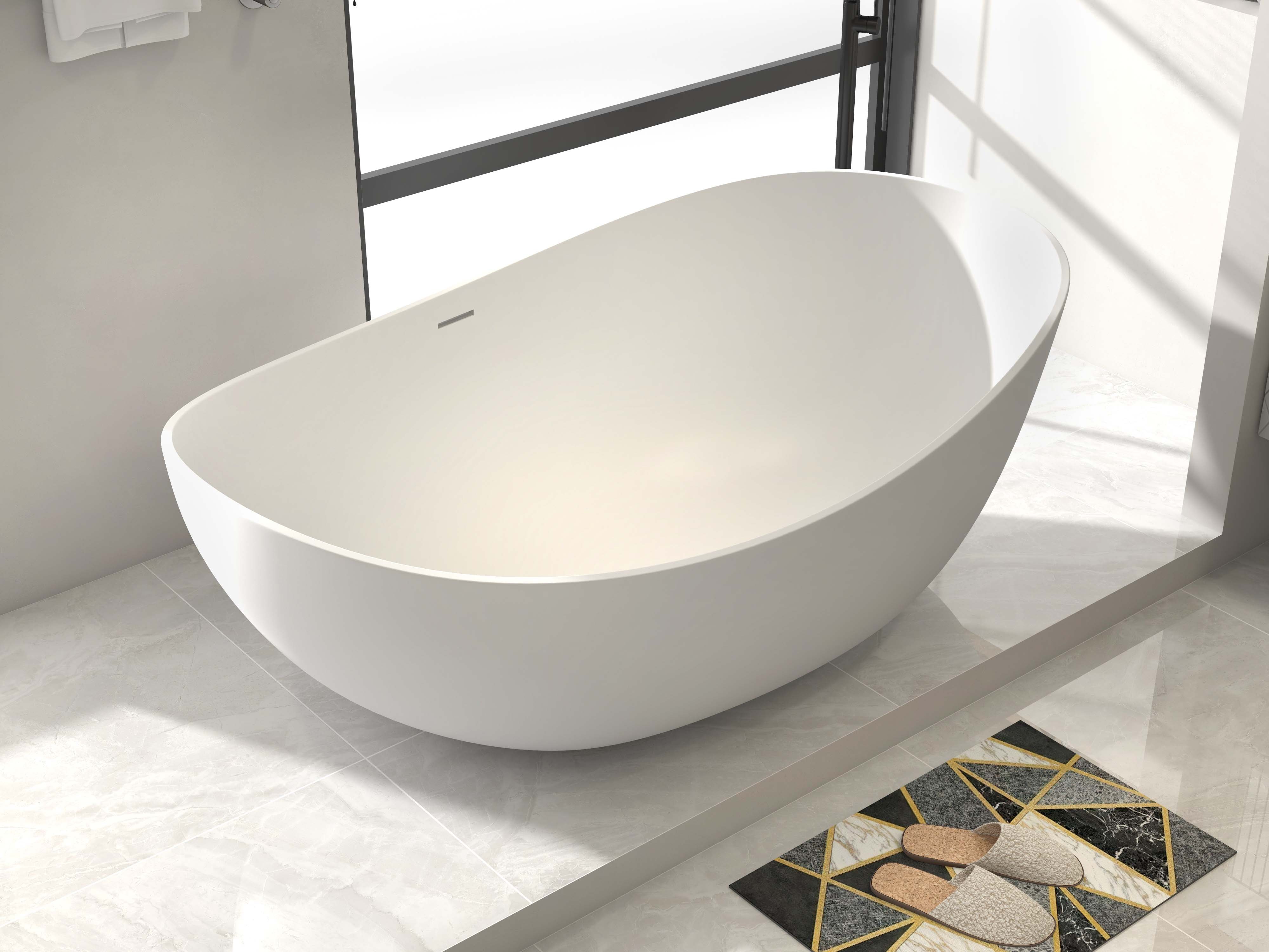HMR 70" Modern Oval Freestanding Stone Resin Soaking Bathtub - Matte White