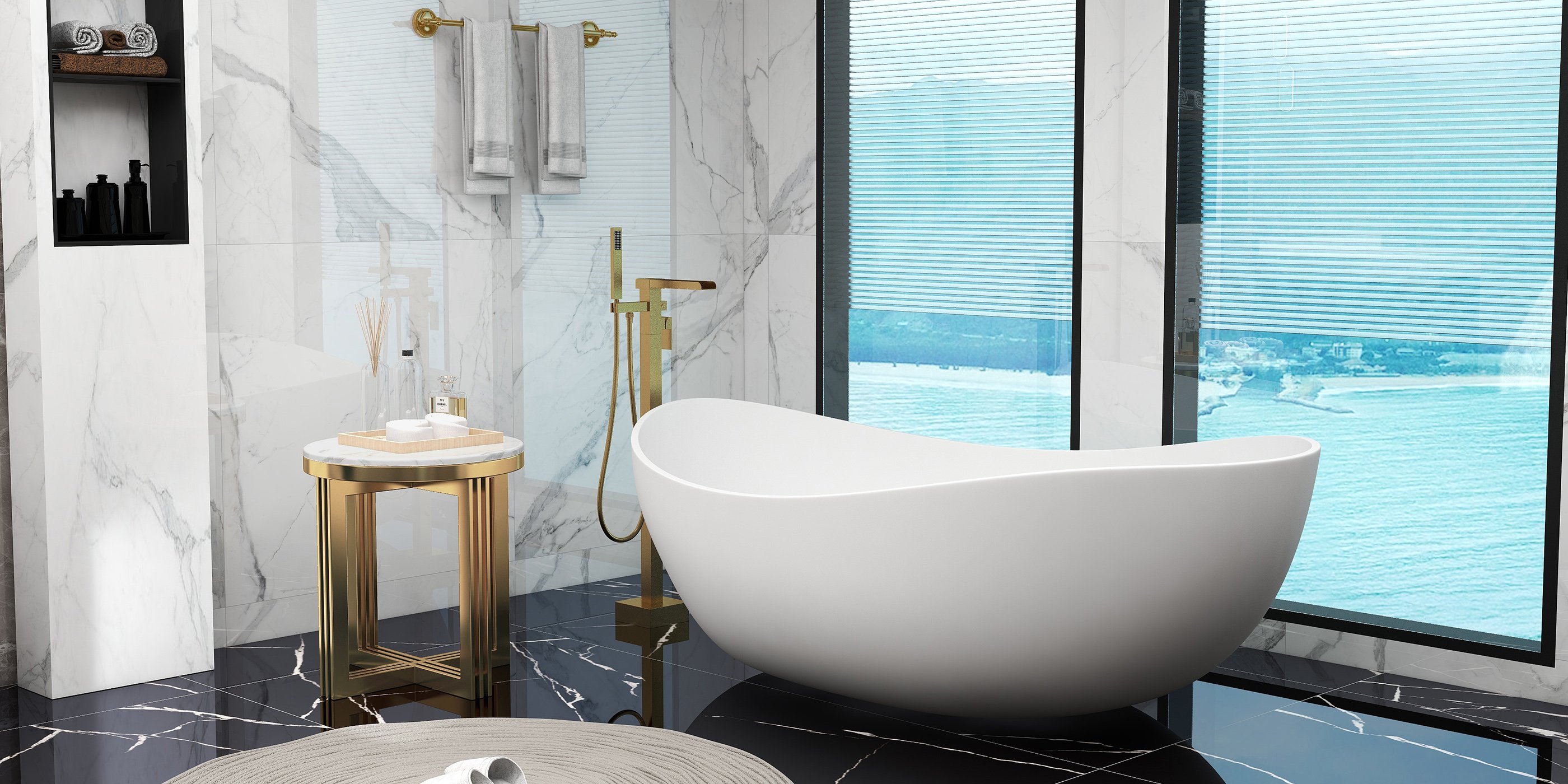 HMR 70" Modern Oval Freestanding Stone Resin Soaking Bathtub - Matte White