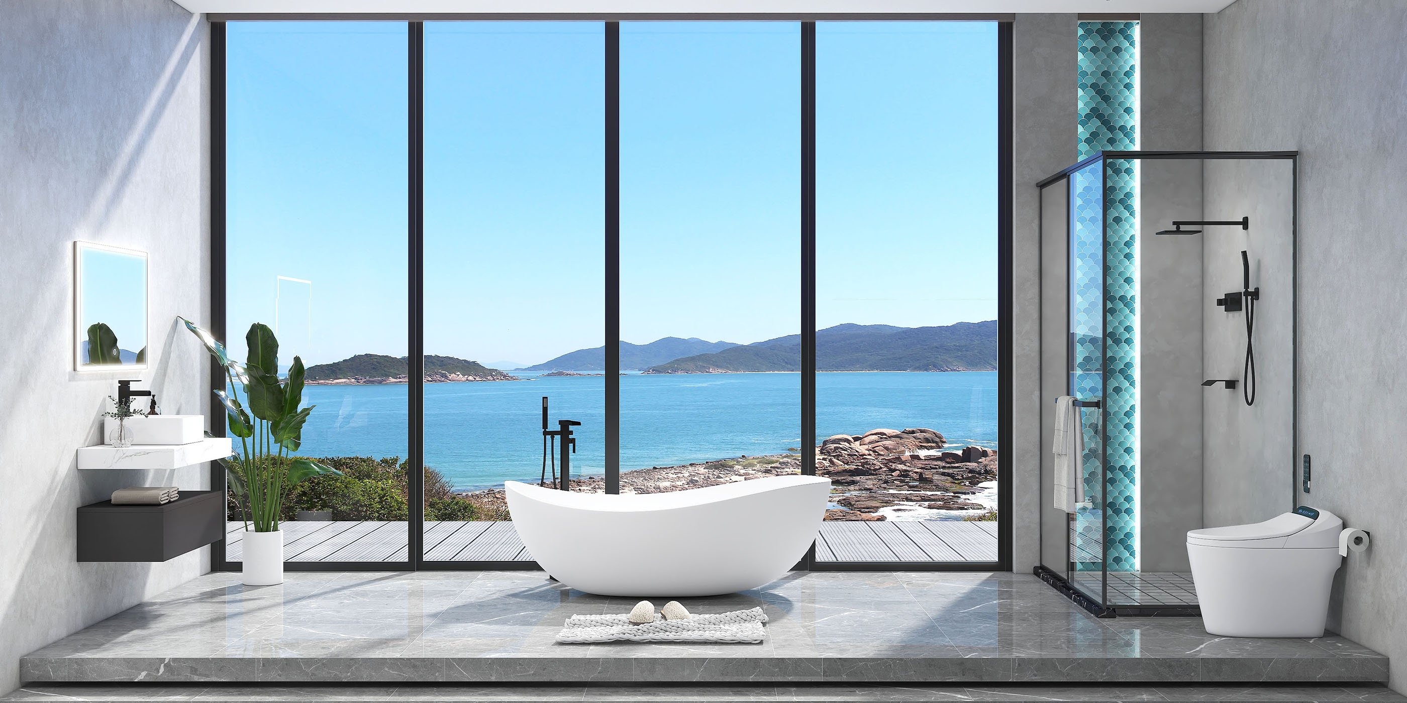 HMR 70" Modern Oval Freestanding Stone Resin Soaking Bathtub - Matte White