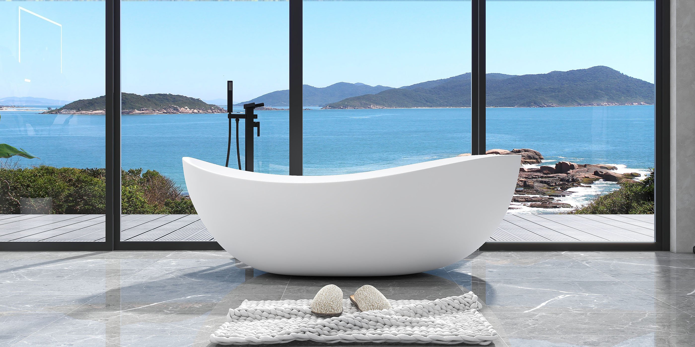 HMR 70" Modern Oval Freestanding Stone Resin Soaking Bathtub - Matte White