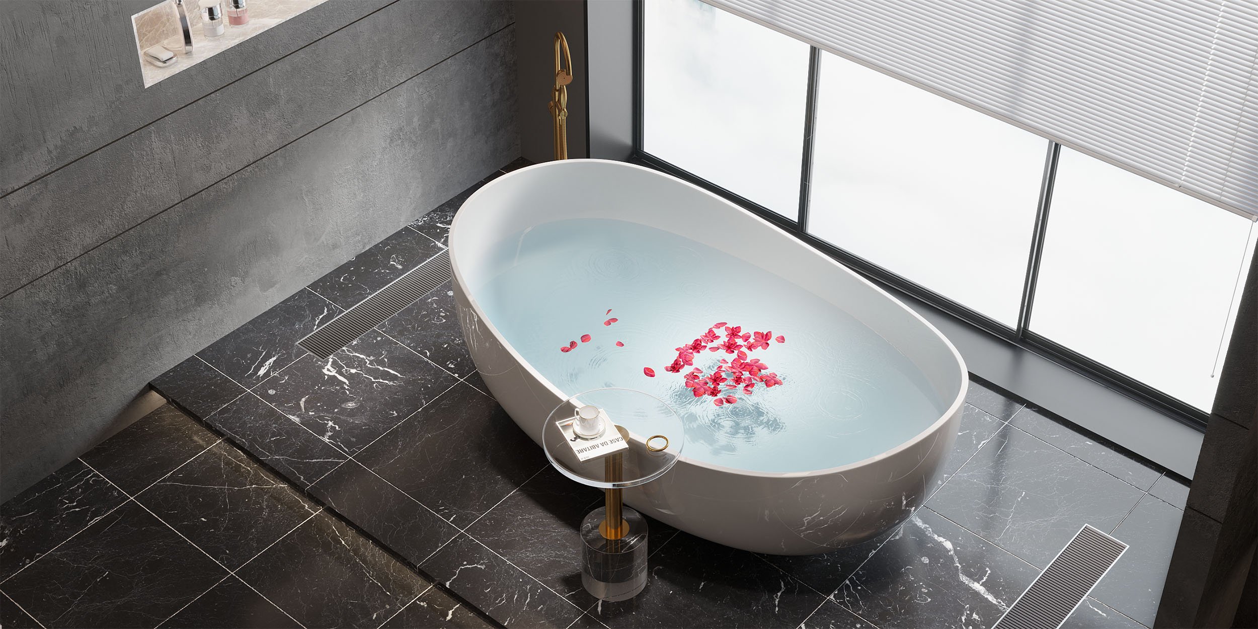 HMR 70" Modern Oval Freestanding Stone Resin Soaking Bathtub - Matte White