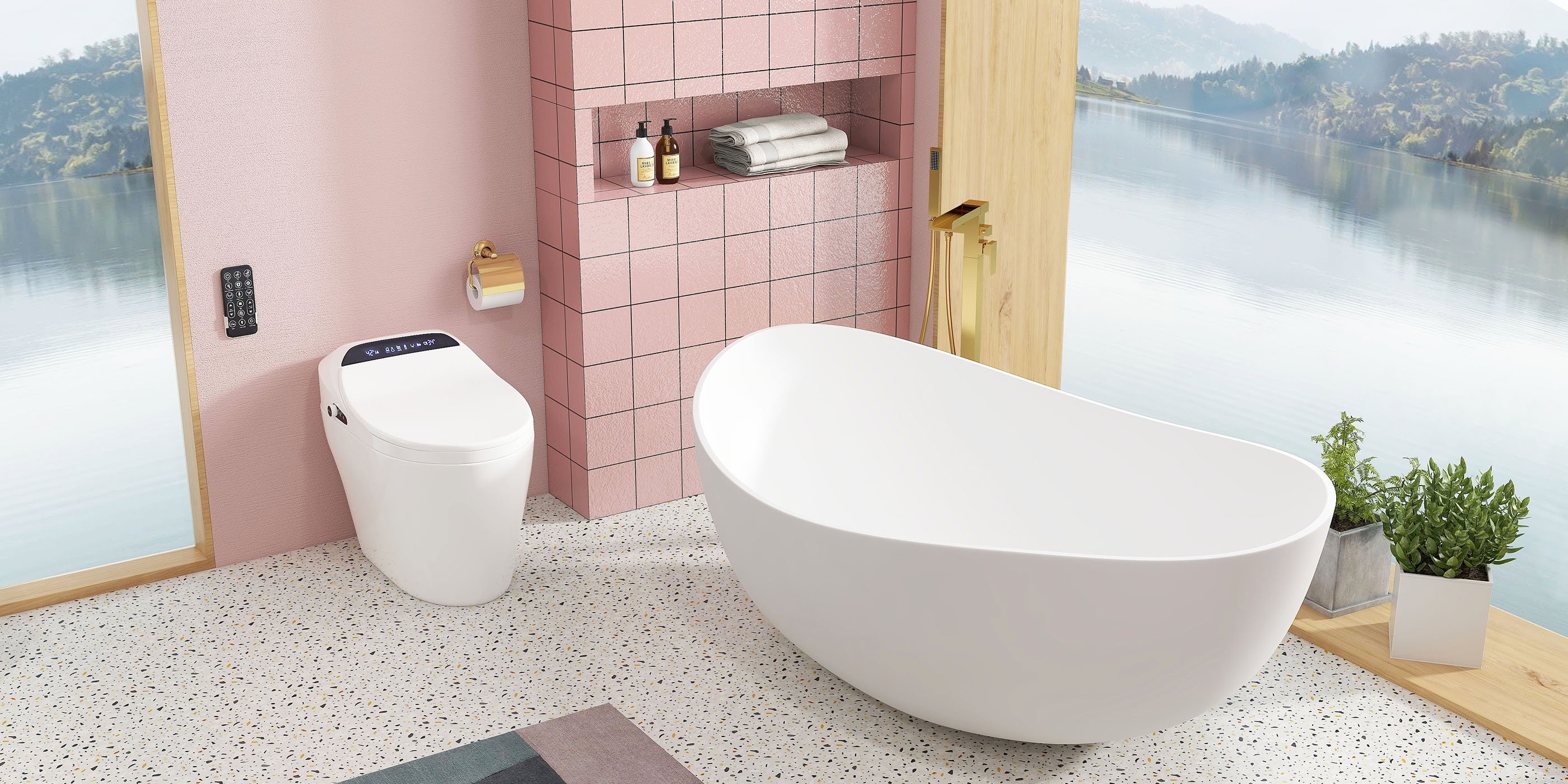 HMR 70" Modern Oval Freestanding Stone Resin Soaking Bathtub - Matte White