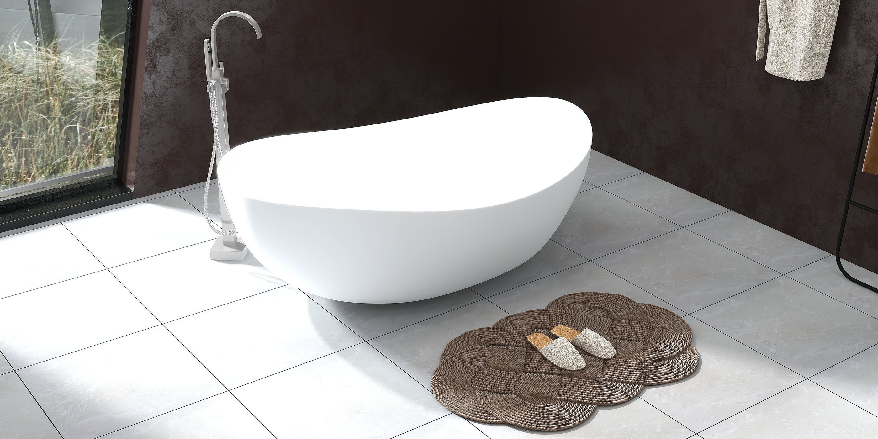 HMR 70" Modern Oval Freestanding Stone Resin Soaking Bathtub - Matte White