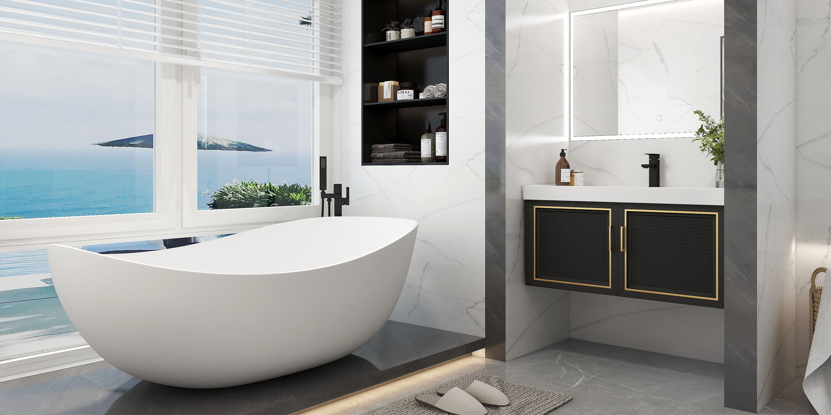 HMR 70" Modern Oval Freestanding Stone Resin Soaking Bathtub - Matte White