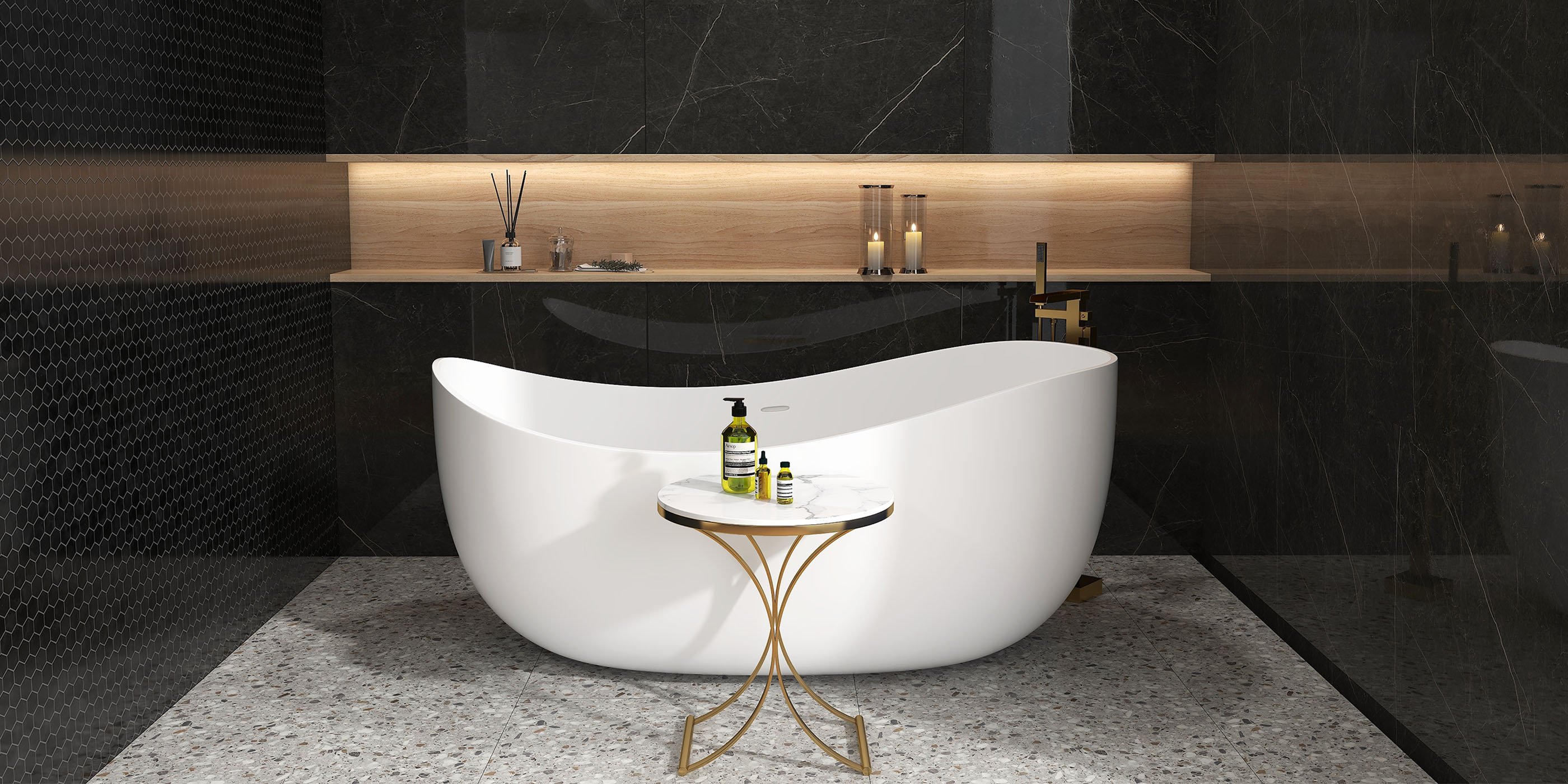 HMR 70" Modern Oval Freestanding Stone Resin Soaking Bathtub - Matte White