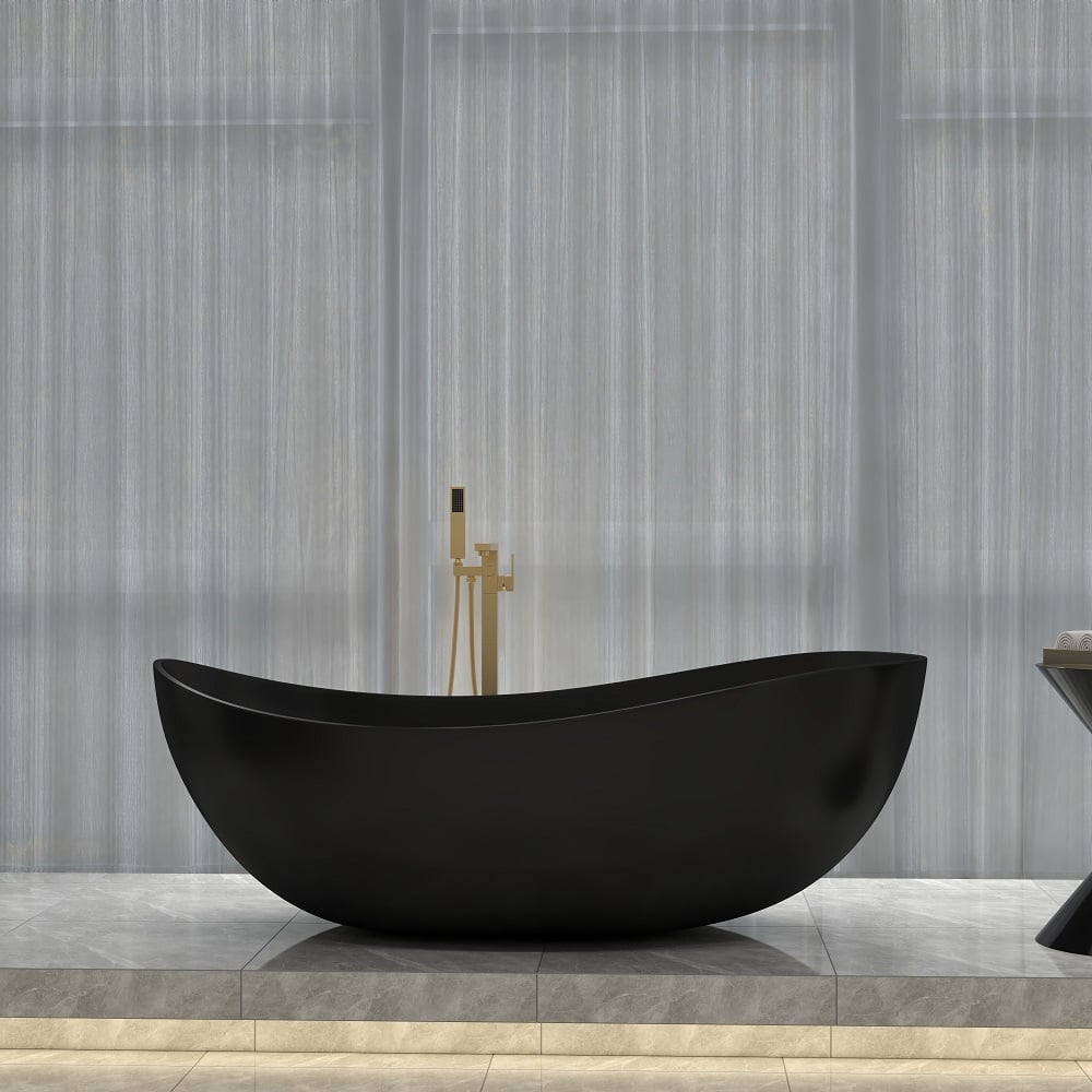 HMR 70" Modern Oval Freestanding Stone Resin Soaking Bathtub - Black