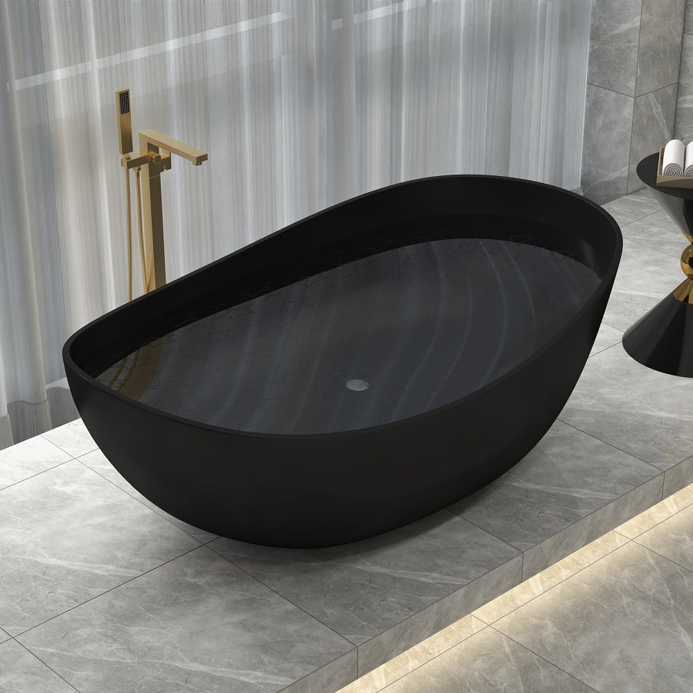 HMR 70" Modern Oval Freestanding Stone Resin Soaking Bathtub - Black