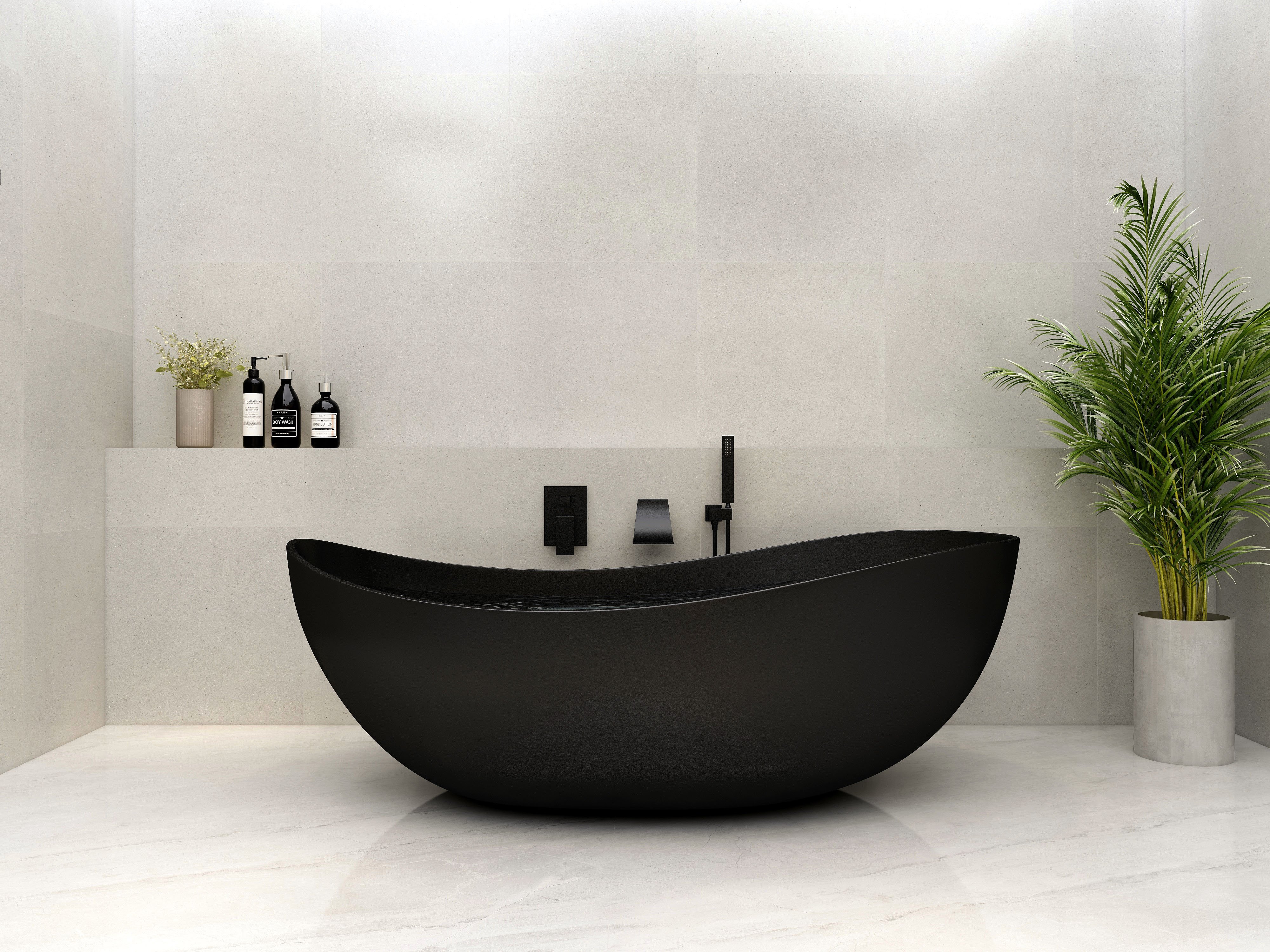 HMR 70" Modern Oval Freestanding Stone Resin Soaking Bathtub - Black
