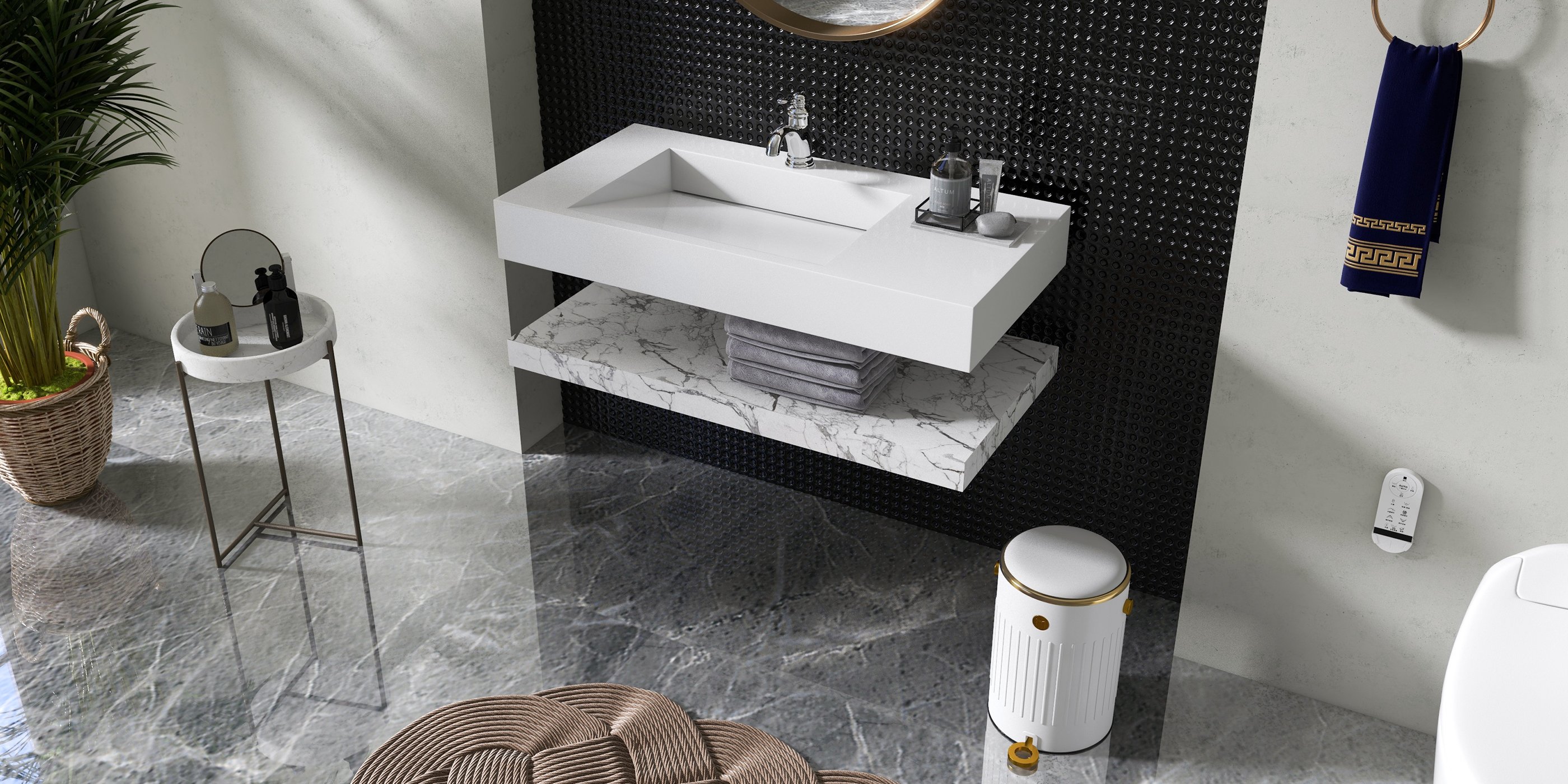HMR - Wall-Hung Stone Resin Rectangle Bathroom in Matte White
