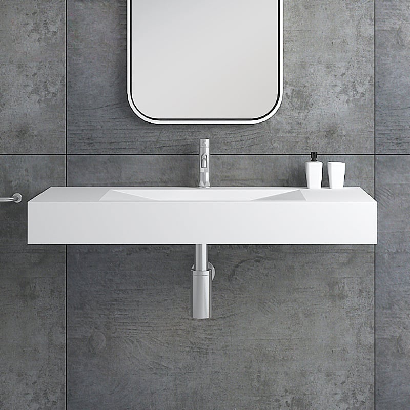 HMR Wall-Mount Floating Bathroom V-Shaped Sink - Glossy White